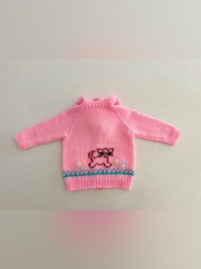 Vintage Hand-Knit Pink Baby Hoodie Sweater with Cat Motif - 6-12M